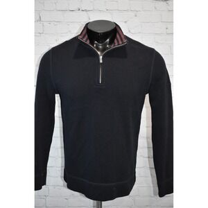 Faconnable Quarter Zip Pullover Men Small Navy Blue Cotton Striped Collar Trim